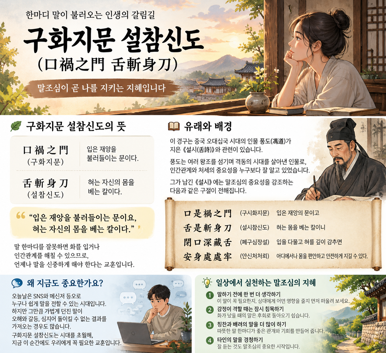 말의 위험을 문과 칼의 비유로 나타낸 그림