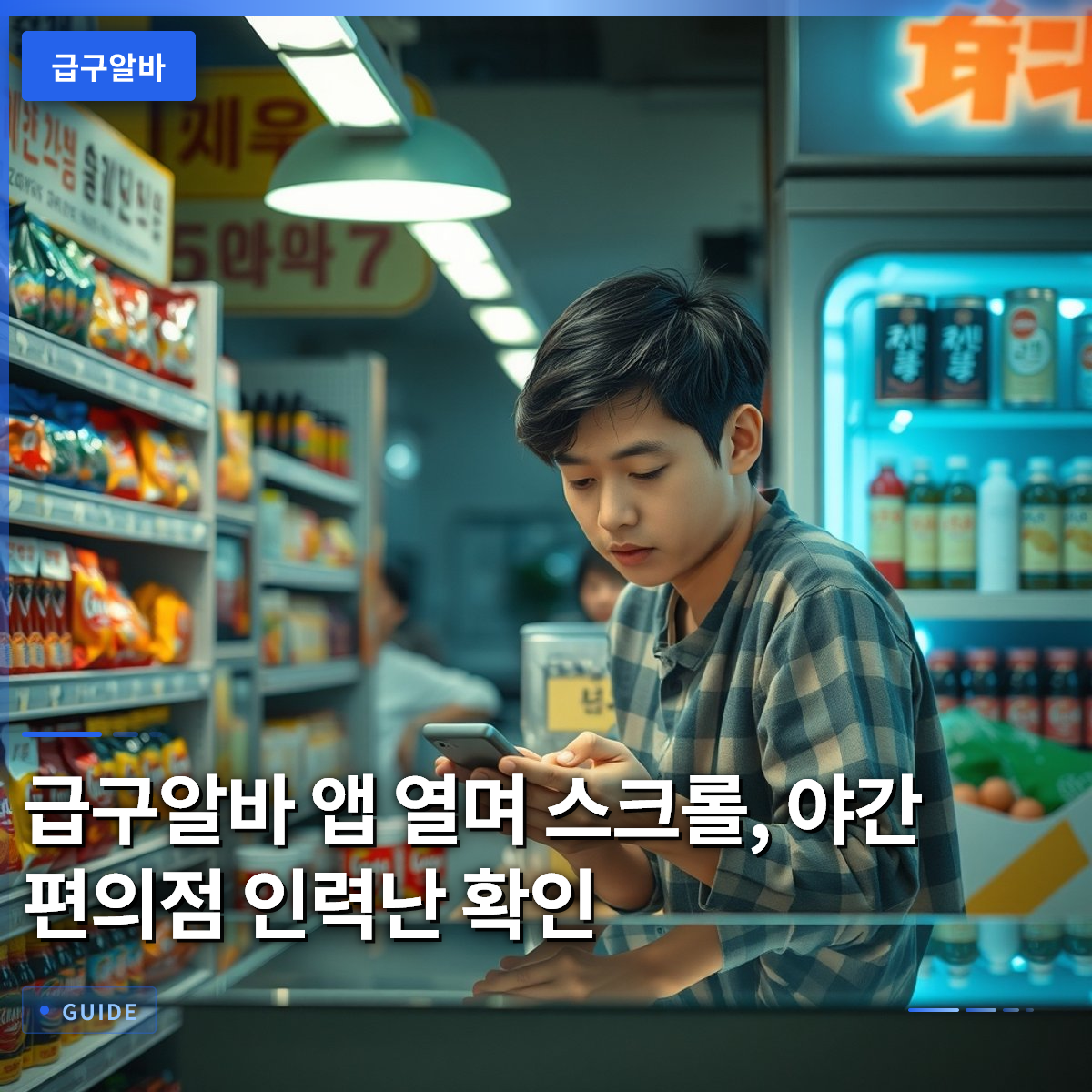 급구알바 앱 열며 스크롤, 야간 편의점 인력난 확인