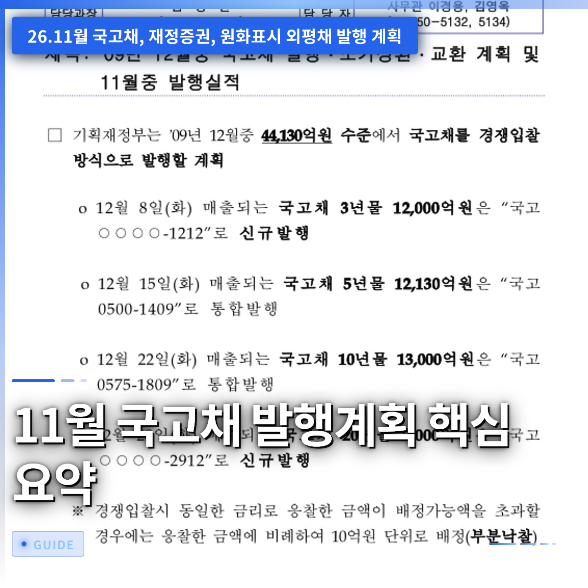 11월 국고채 발행계획 핵심 요약 11월 국고채 발행계획 핵심 요약